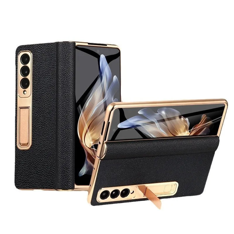 Genuine leather phone case for Samsung Galaxy Z Fold series in crocodile pattern black with built-in bracket