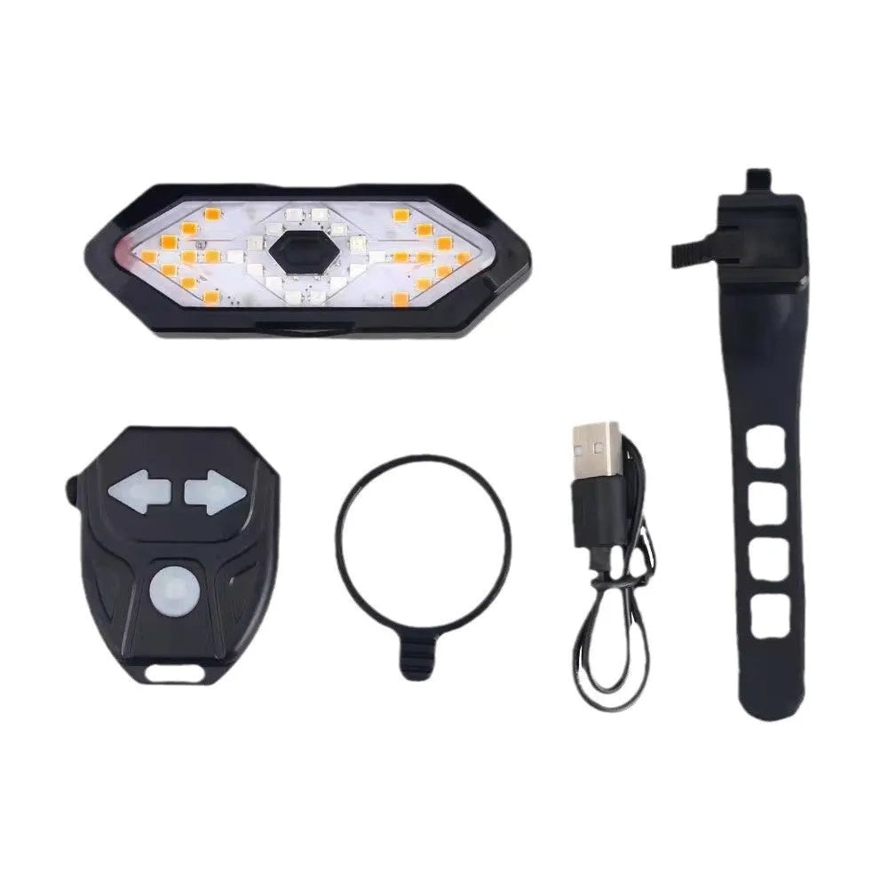 USB charging bicycle turn signal with horn, 9.4 x 3.2cm, black, with remote control and silicone straps