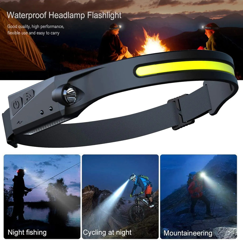 Black silicone rechargeable headlamp with LED lights, shown with wide beam and long-range illumination for outdoor use.