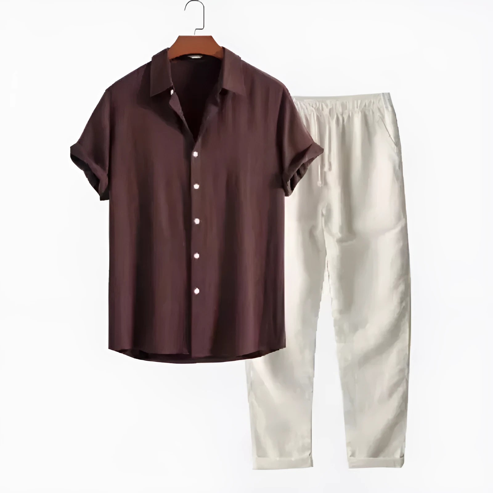 Men's casual loose short sleeve shirt and trousers set in polyester linen fabric shown in multiple colour options