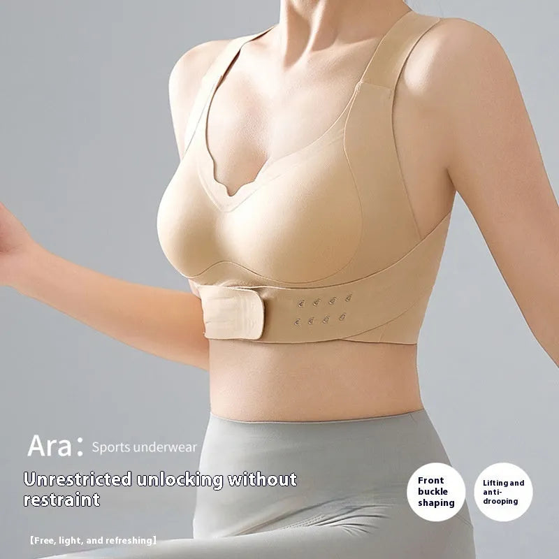 Female cross exercise shaping bra with front buckle closure and fixed double shoulder straps