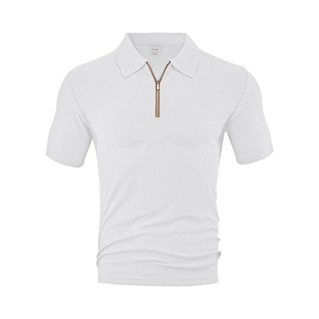 Men's loose zippered short sleeve casual shirt in white, front view with side slits