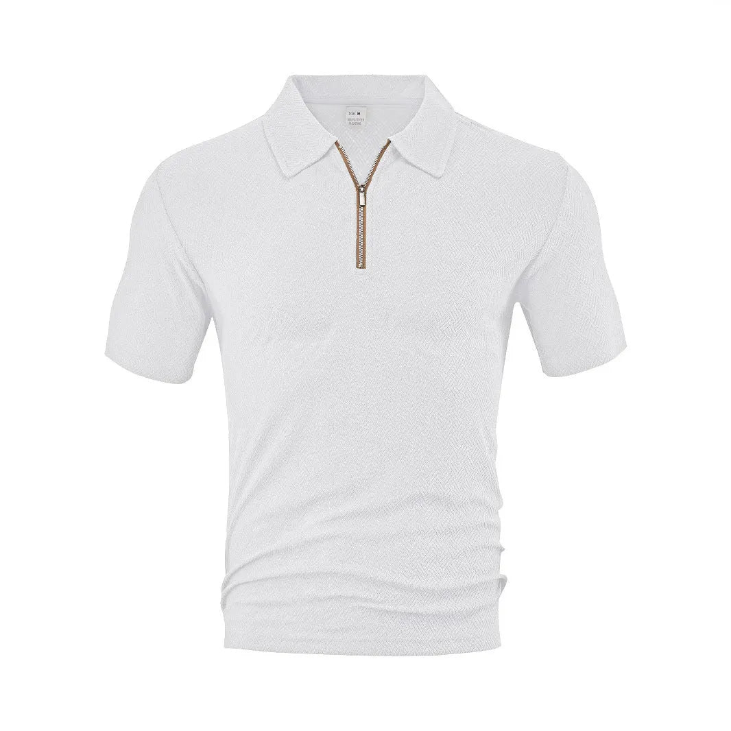 Men's loose zippered short sleeve casual shirt in white, front view with side slits
