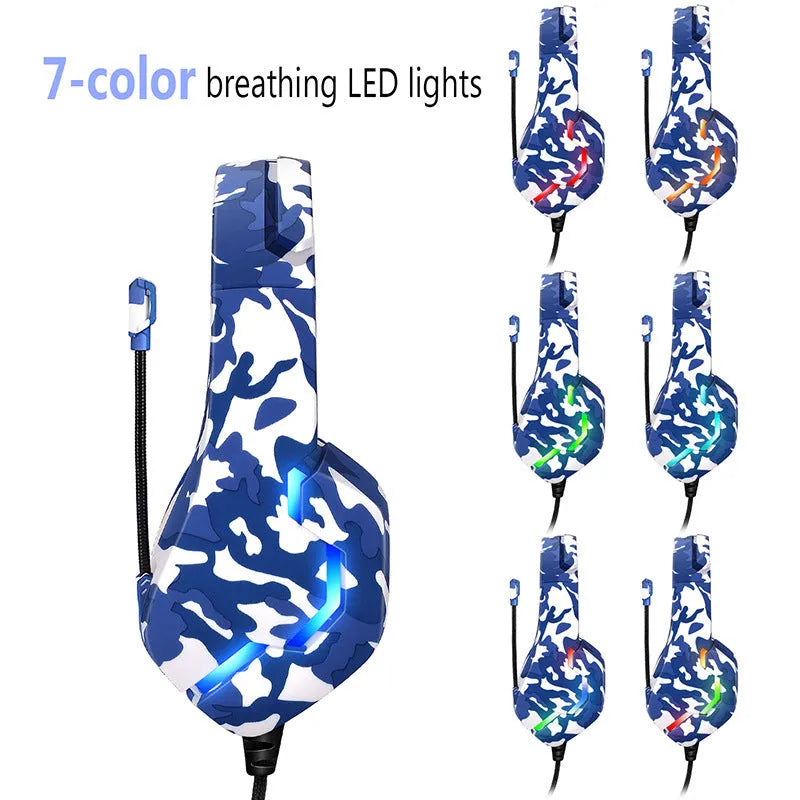 Eat Chicken wired gaming headset with microphone in camouflage blue, showing 3.5mm plug and braided cable.
