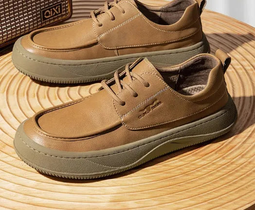 British retro brown big toe casual leather shoes in khaki colour with visible stitching and rubber sole