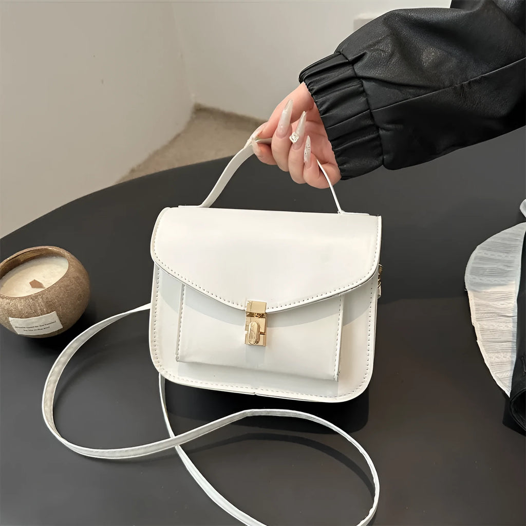 Horizontal square PU leather messenger bag showing document compartment and crossbody strap