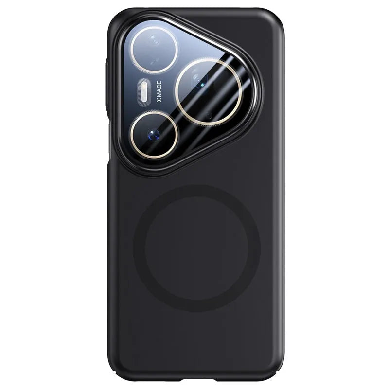 Huawei P80 magnetic lens bracket phone case in black, silver, and bright red frosted PC material