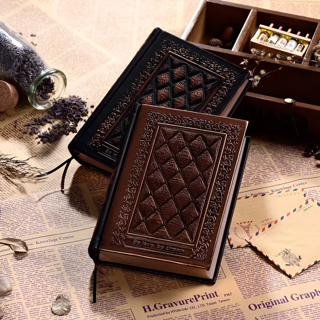 Embossed faux leather notepad with thick 3D cover in bronze colour option