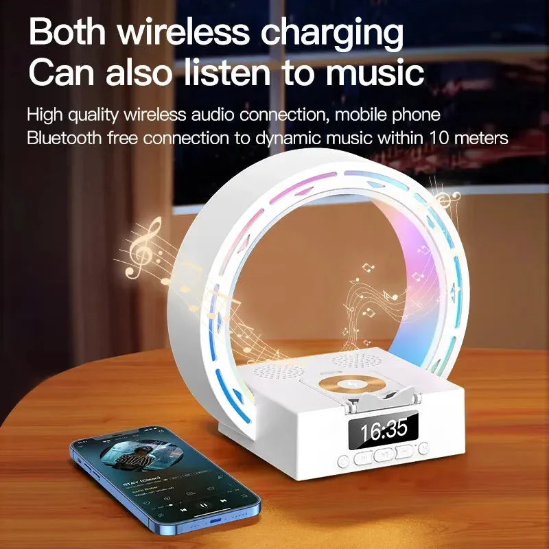 White multifunction Bluetooth speaker with wireless charging pad, digital clock display, and bedside lamp features