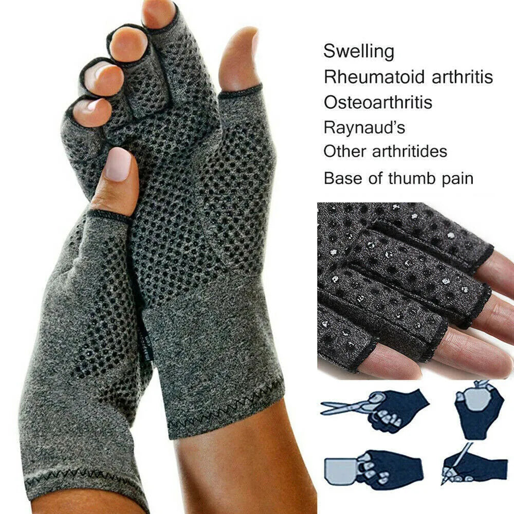 Grey half-finger joint compression gloves made from Trueran spandex fabric on a hand.