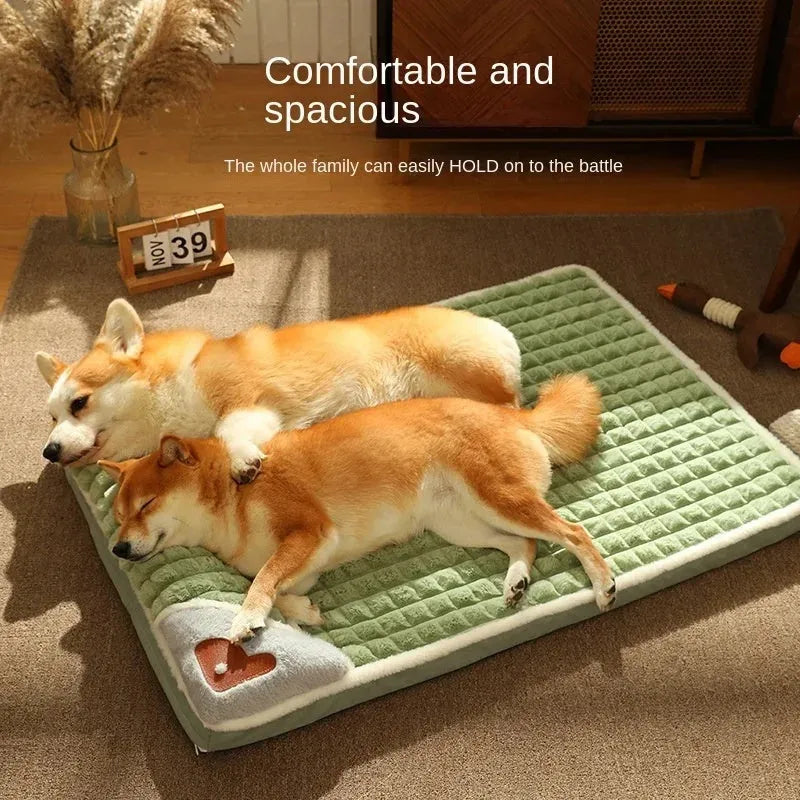 Large grey dog bed mat with removable cover shown next to a sleeping dog, demonstrating its size.