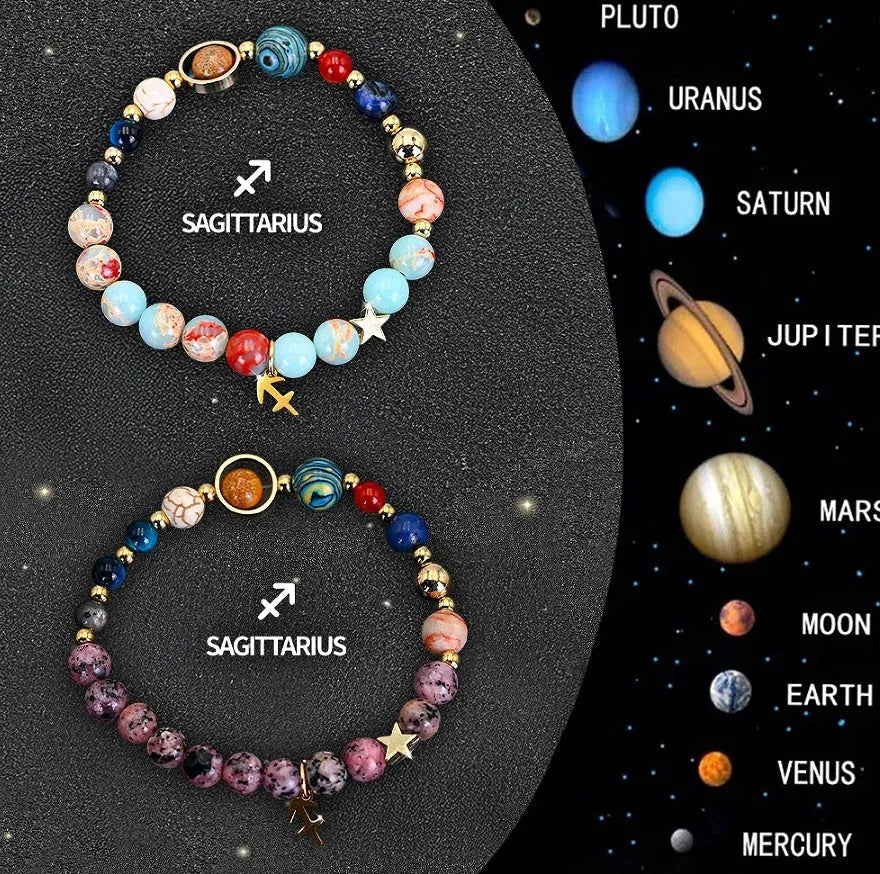 Set of twelve natural stone beaded bracelets, each showing a different zodiac sign design on an elastic cord.