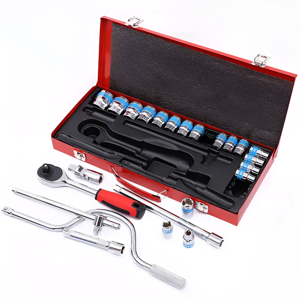 24-piece chrome vanadium steel curved bow car repair wrench set in a storage case
