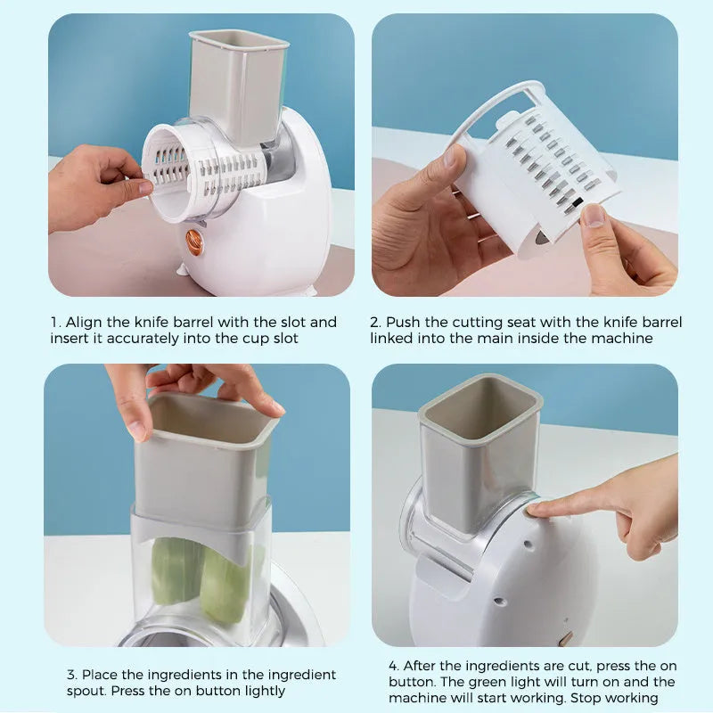 White electric vegetable slicer with suction base and multiple blades for grating and chopping.
