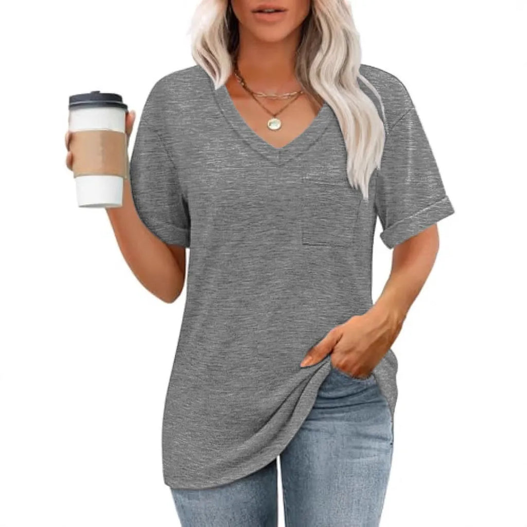 Grey loose fit V-neck short sleeve t-shirt with a chest pocket on a hanger.