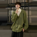 Men's loose fit V-neck knitted cardigan sweater in army green cotton blend fabric
