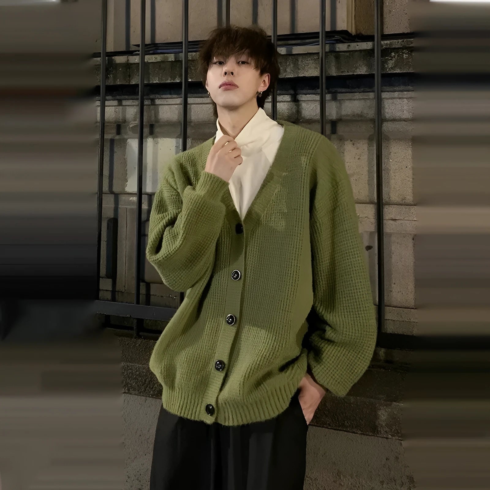 Men's loose fit V-neck knitted cardigan sweater in army green cotton blend fabric