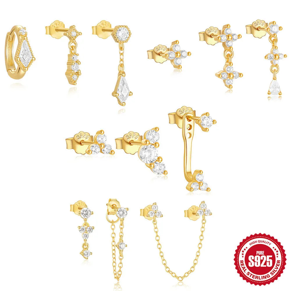 S925 sterling silver geometric zircon tassel earrings in gold tone with three pair set for women