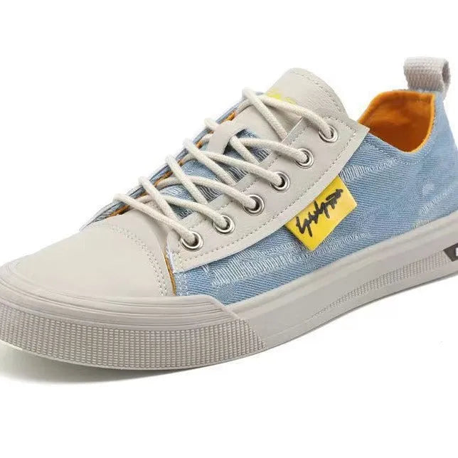 Men's canvas lace-up shoes with round toe in dark blue, black and light blue colours
