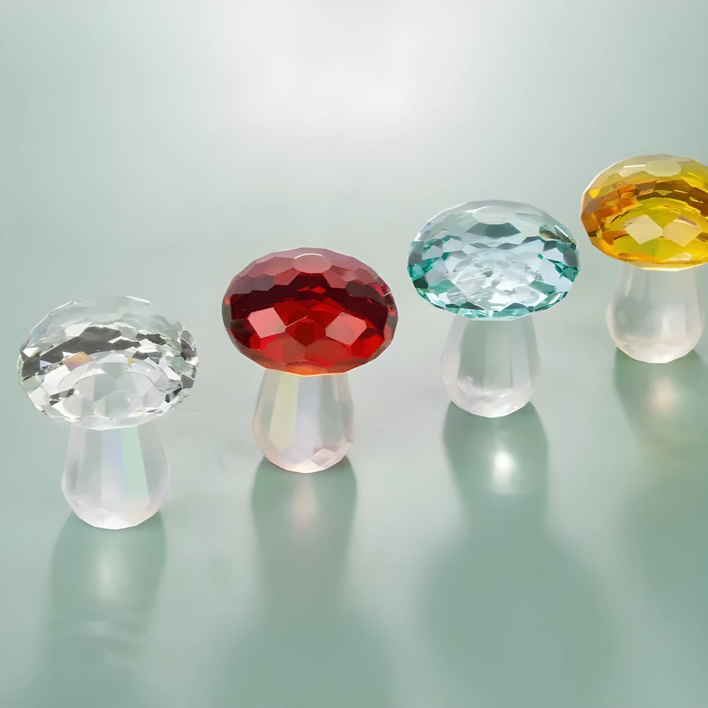 Colourful crystal mushroom decorative ornament in modern geometric style on a plain background.