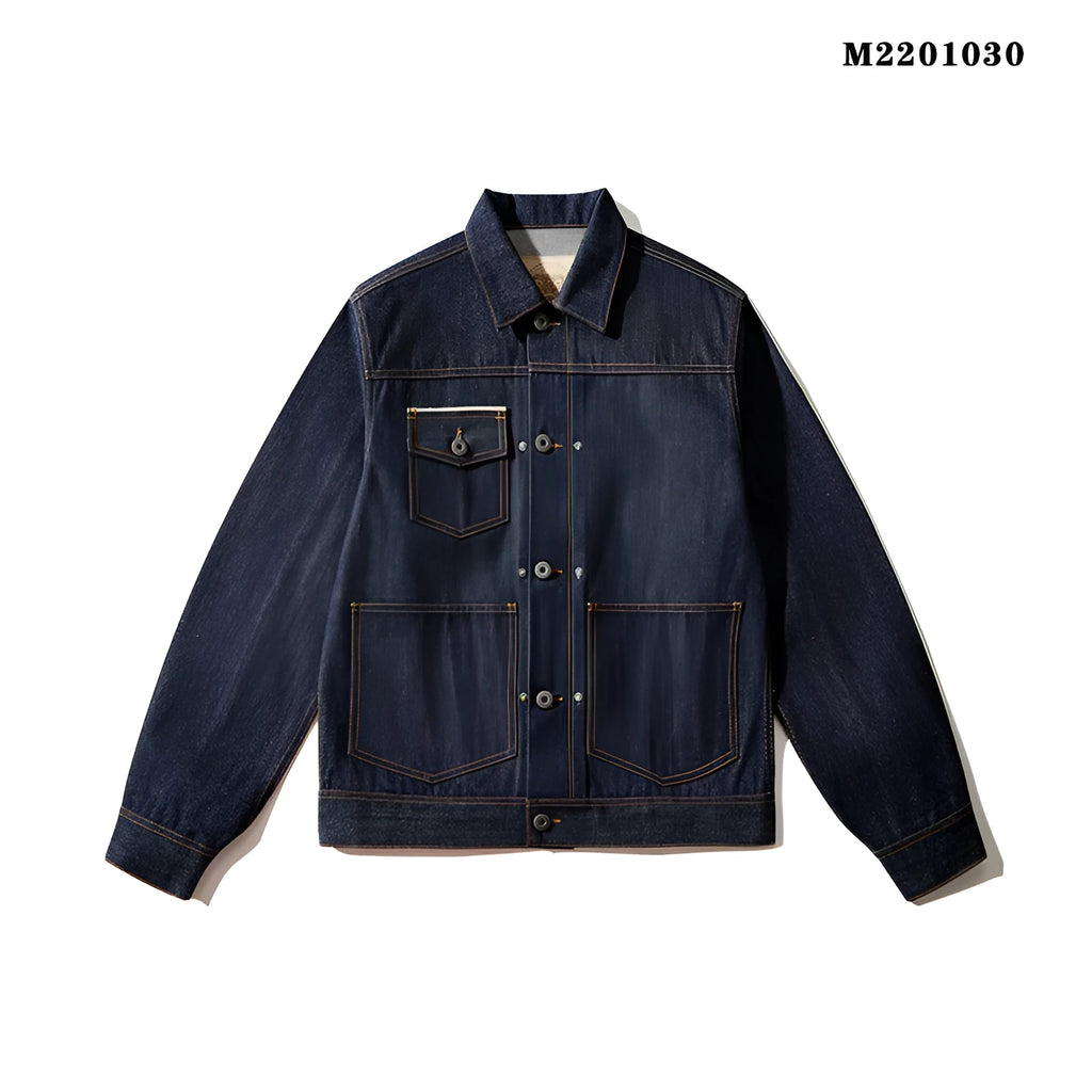 Men's raw pulp coloured loose cotton jacket with red edge trim and patch pockets.