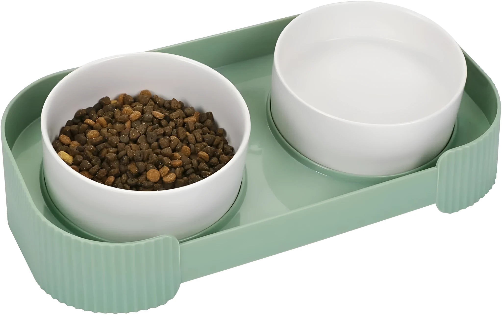 Green ceramic raised cat bowl set with two bowls on a tilted stand and non-slip base.
