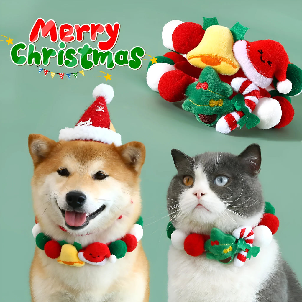 Christmas Series Pet Ball Collar in Bell hat ball style on a pet, plush material, size M