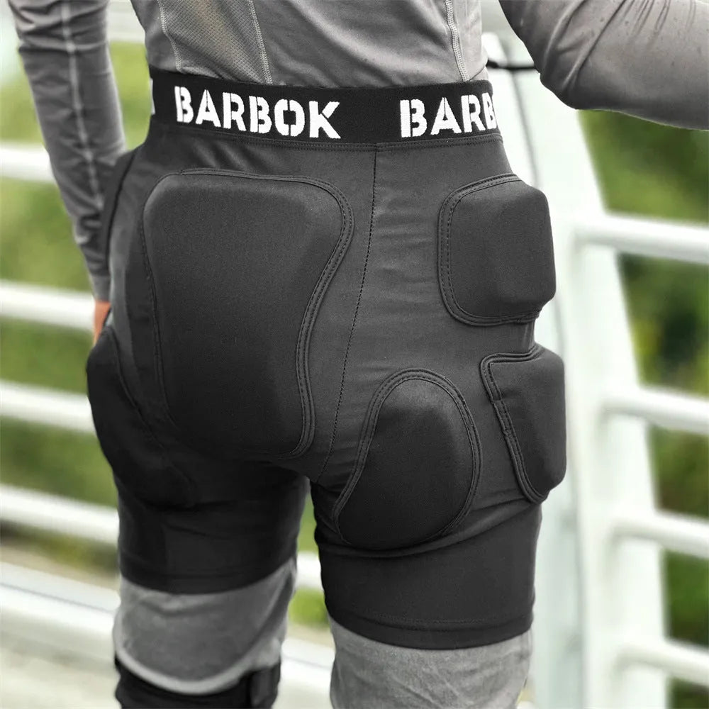 Black adult hip pad for sports protection, showing adjustable waistband and NBR padding on Spandex material.