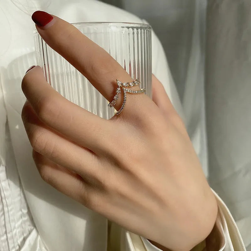 Heart-shaped full diamond ring with adjustable opening double-layer light luxury gold copper finish
