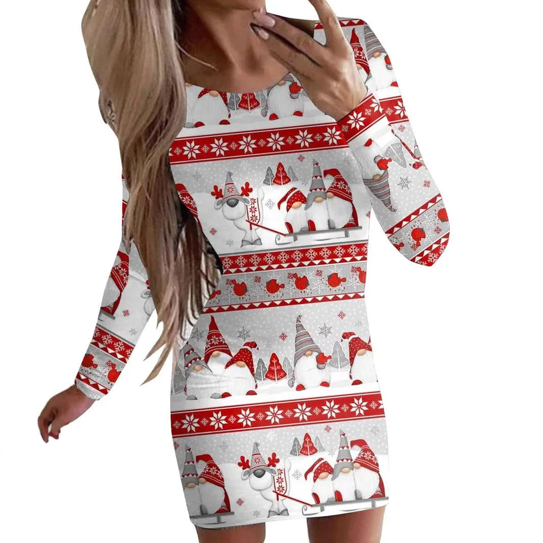 Women's Christmas dress with animal pattern print and floral colours in mid-waist hip skirt silhouette