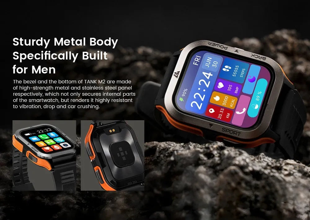 Waterproof smart watch with 1.85 inch IPS screen, Bluetooth calling, 22 mm strap, Black Orange Red options