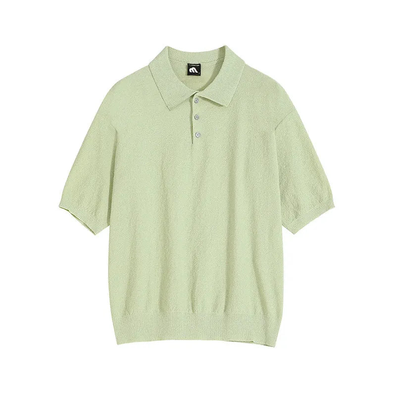Men's caramel coloured loose fit knitted polo shirt with short sleeves and an asymmetrical design detail.