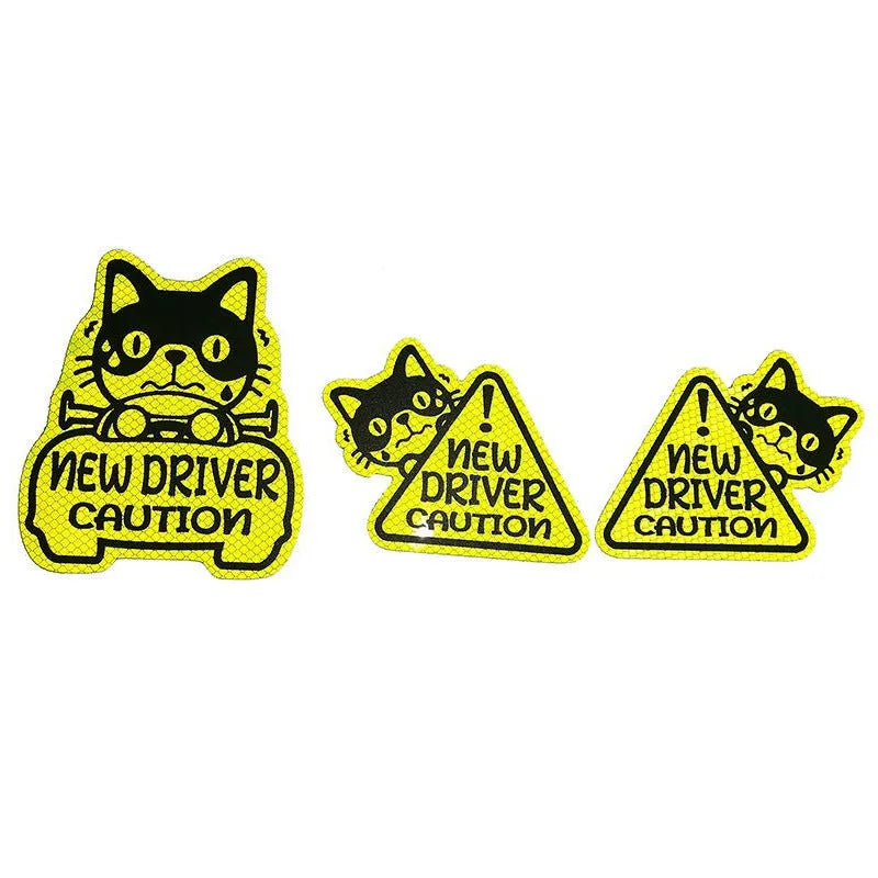 Set of three reflective magnetic stickers showing cat, panda, and duck designs on a metal surface.