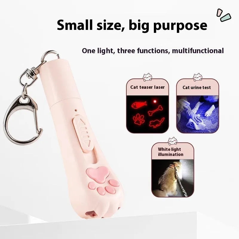 Rechargeable cat teaser toy with a light, shown in pink, cream, and sky blue colour options.