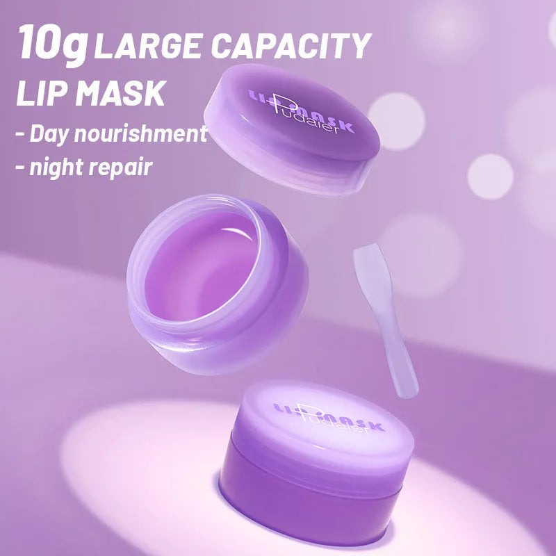 Box containing exfoliating lip balm, a lip film, and a scraper tool for lip care.