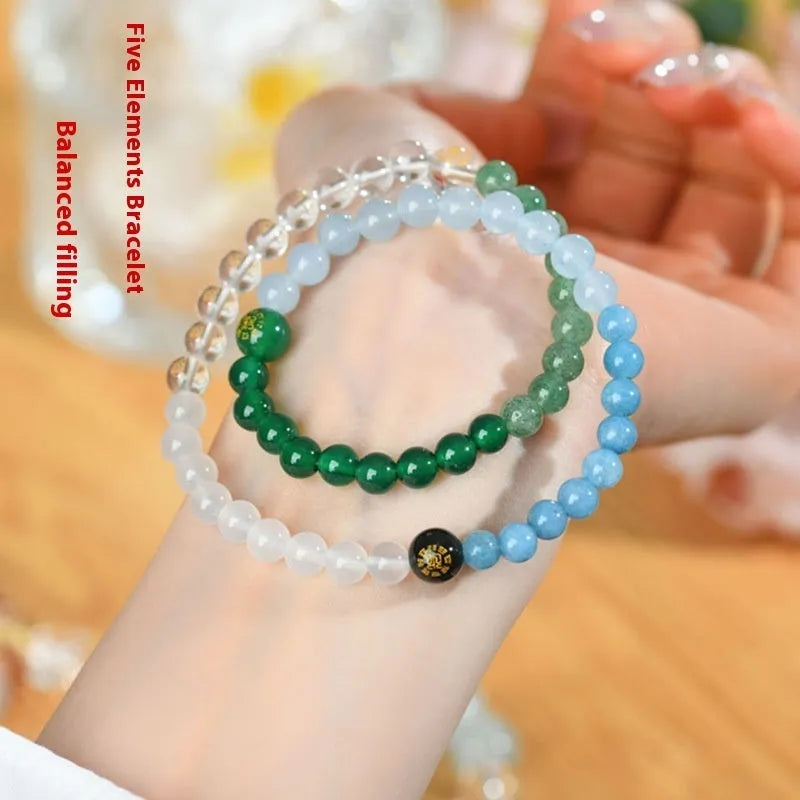 Handmade women's natural duobao crystal bracelet with double ring geometric design in five elements colours