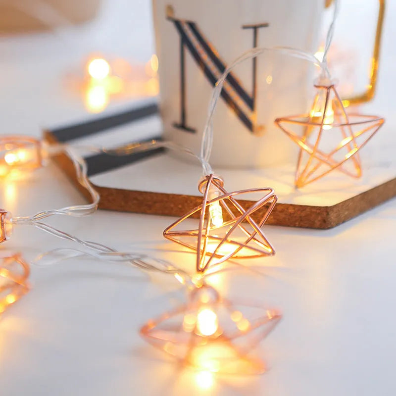 Rose gold five pointed star LED lamp string with 10 lights on 1.5m wire for indoor decoration