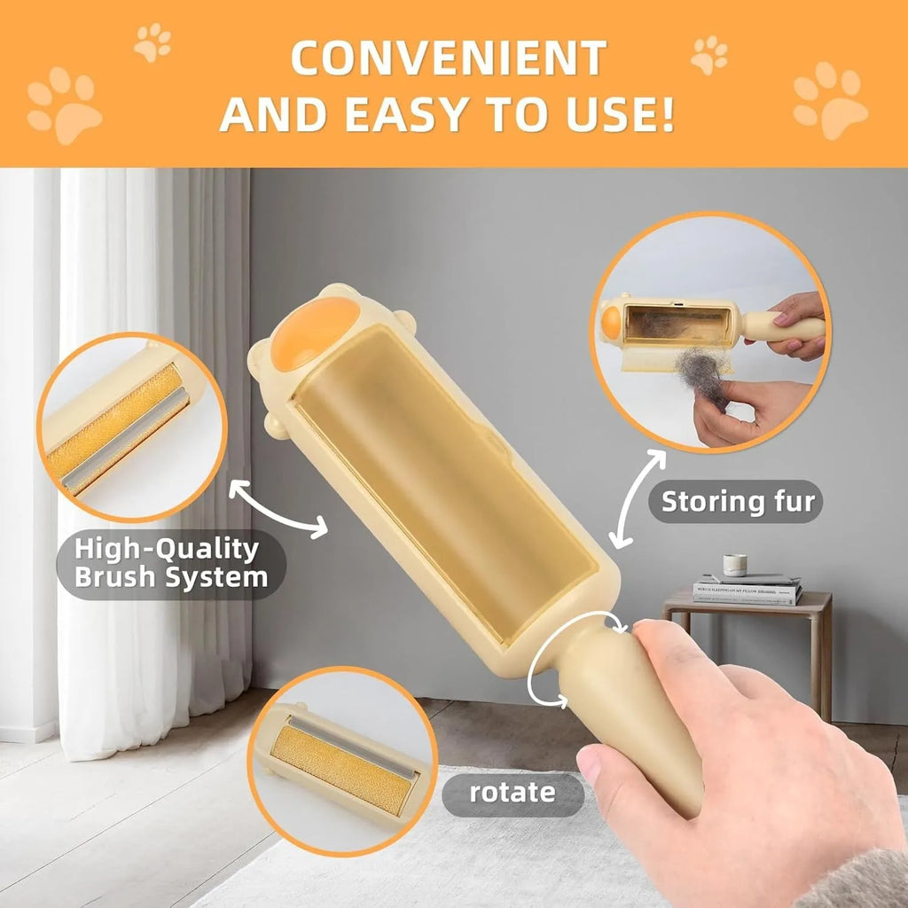 Blue reusable pet hair remover with self-cleaning base on a carpet.