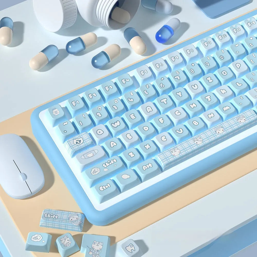 Custom watercolour kitten design PBT keycap set for mechanical keyboards, showing 138-key or 158-key full layout.