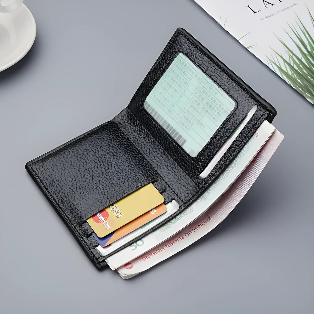 Men's vertical PU leather wallet in black with card slots and bill holder, open view