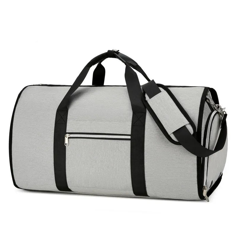 Waterproof Oxford cloth storage bag in grey colour showing dry-wet separation compartments and breathable lining.