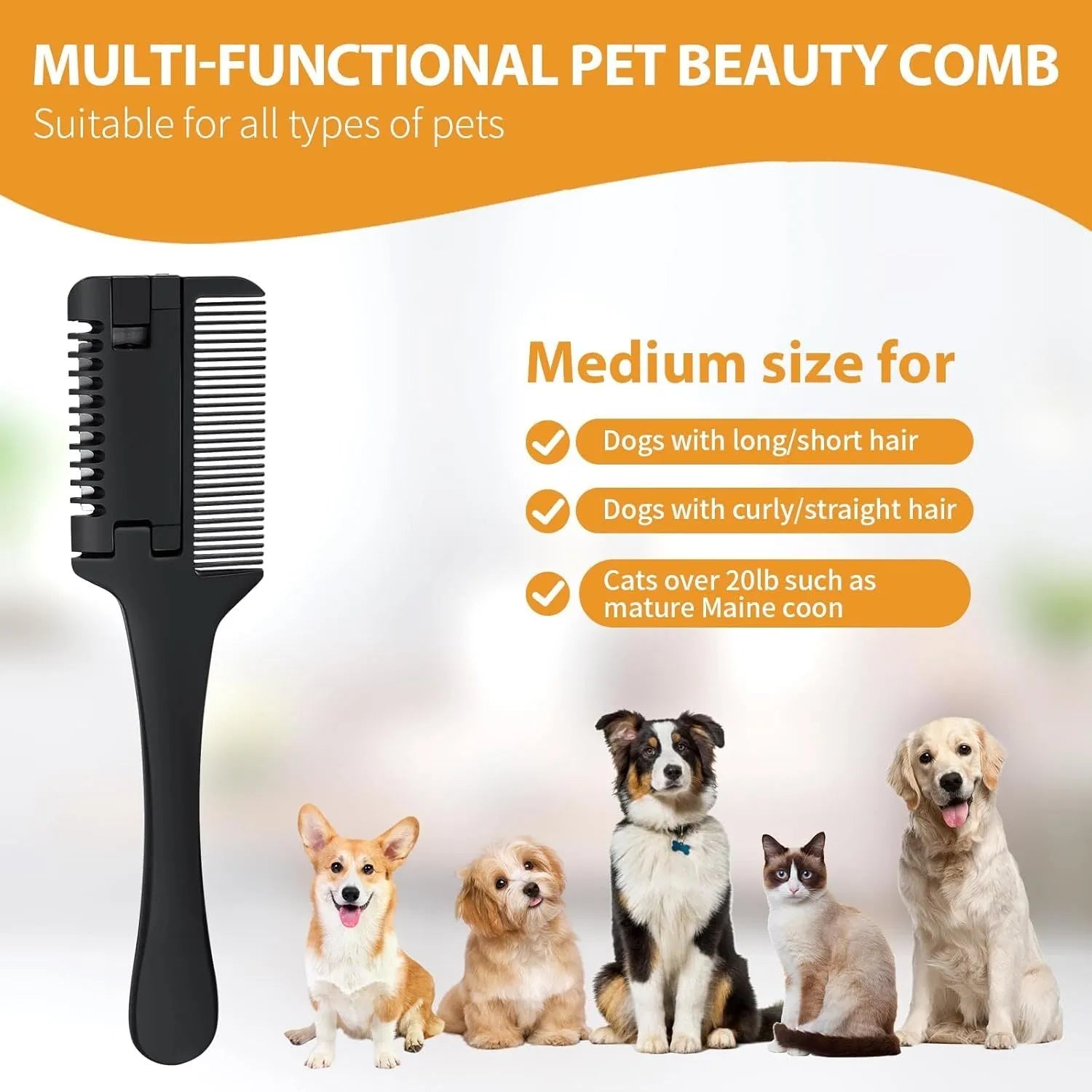 Razor comb for dogs and cats showing comb teeth and integrated trimming blade with packet of replacement blades.