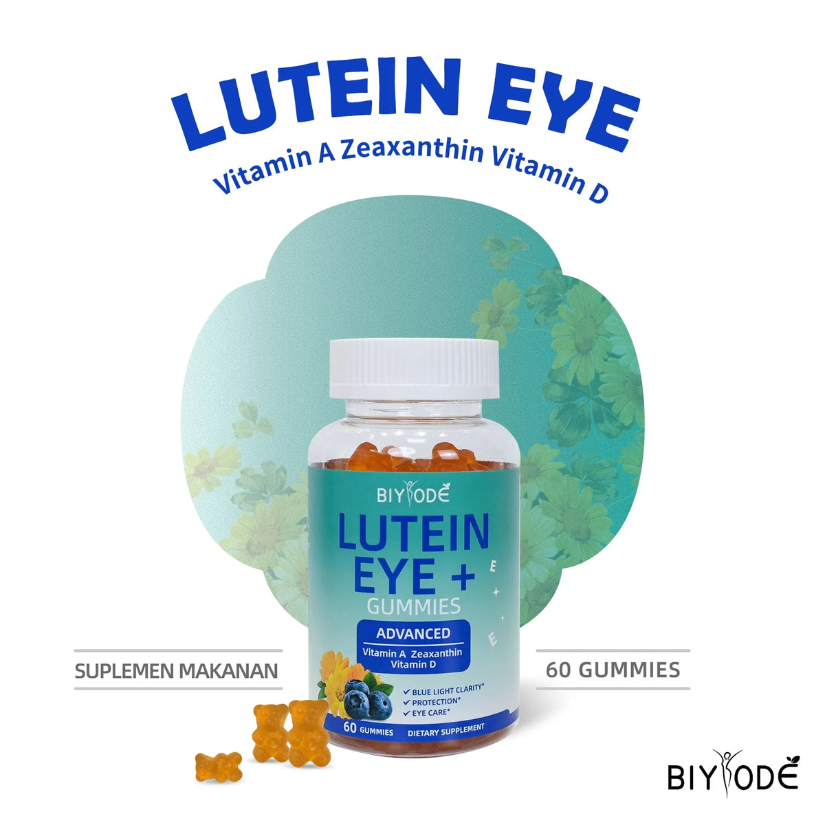 Bottle of lutein gummies eye health supplement, 60 count, with bilberry grapeseed and wolfberry