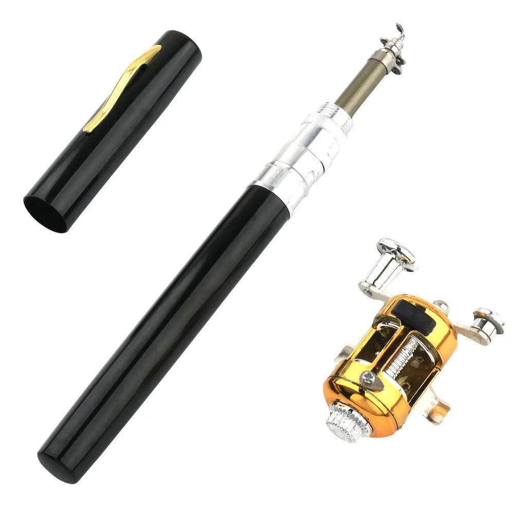 Gold telescopic pocket fishing rod kit collapsed next to its aluminium pen case and ST5RL plastic reel.