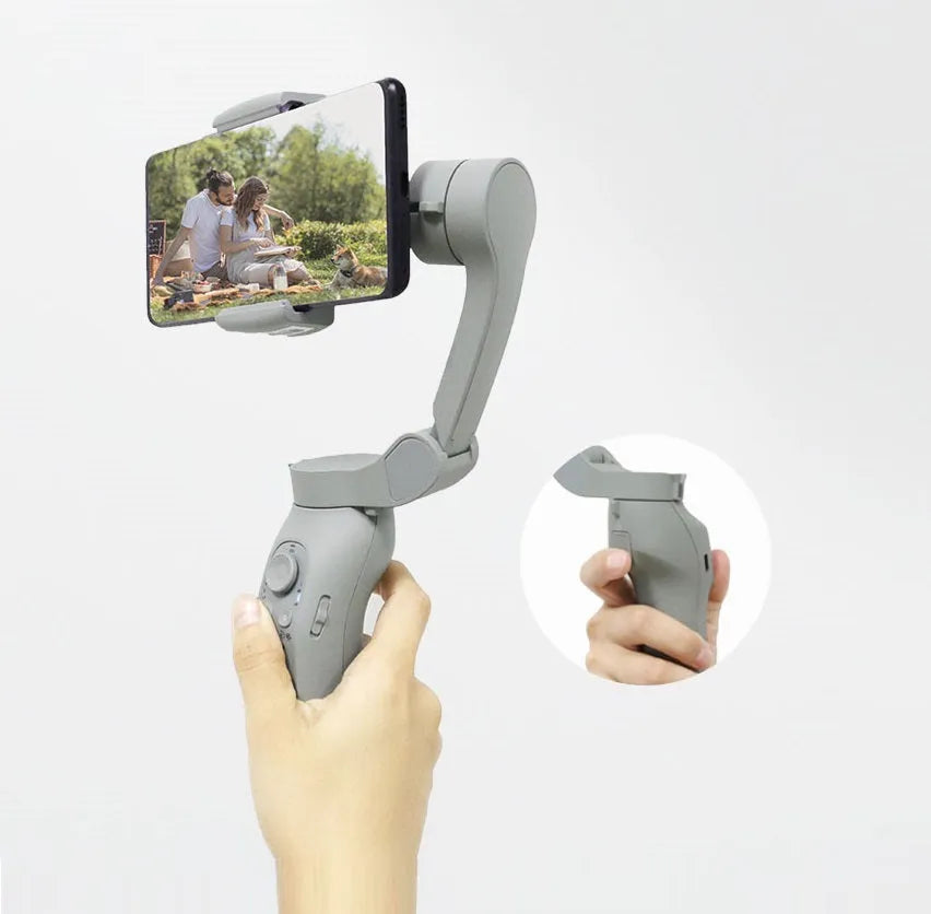L7B PRO folding three-axis mobile phone gimbal stabilizer shown unfolded and folded
