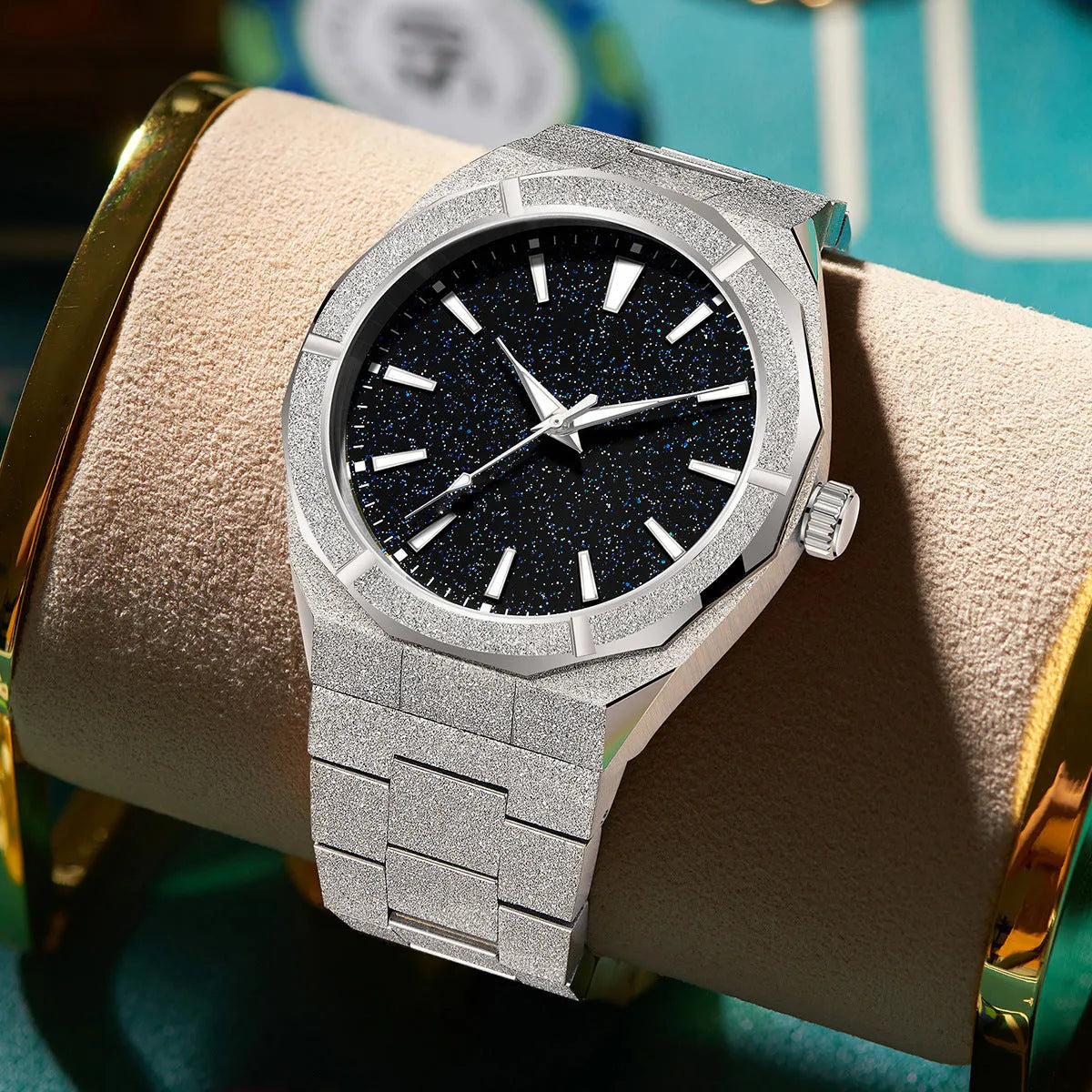 Men's frosted stainless steel business watch with luminous markers on dial in black, gold, or silver.