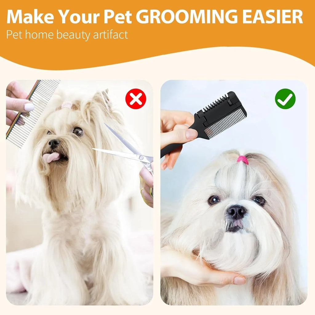 Razor comb for dogs and cats showing comb teeth and integrated trimming blade with packet of replacement blades.