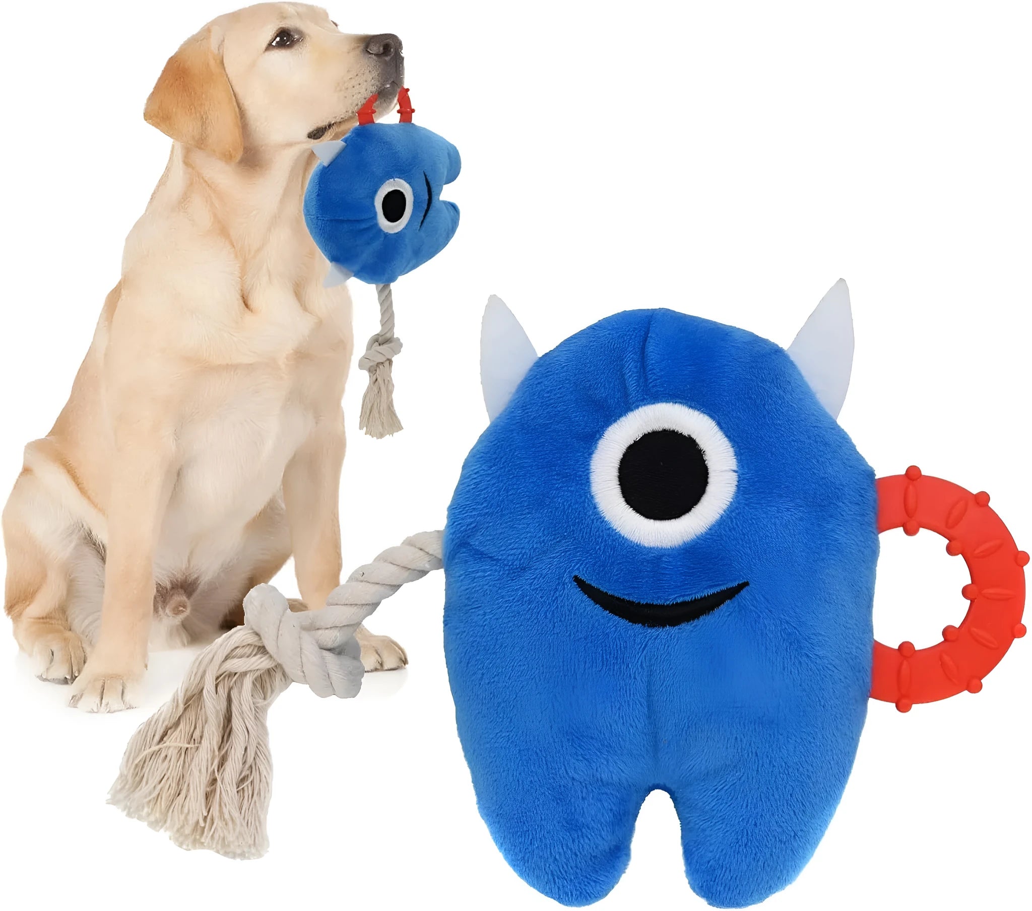 Blue and green plush dog chew toy with integrated cotton rope and squeaker.