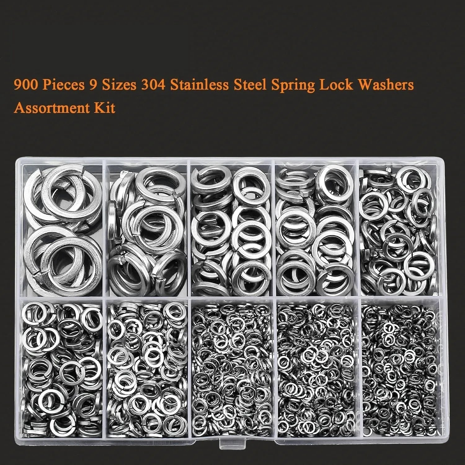 Open box showing assortment of 304 stainless steel spring lock washers with size markings from 2mm to 12mm.