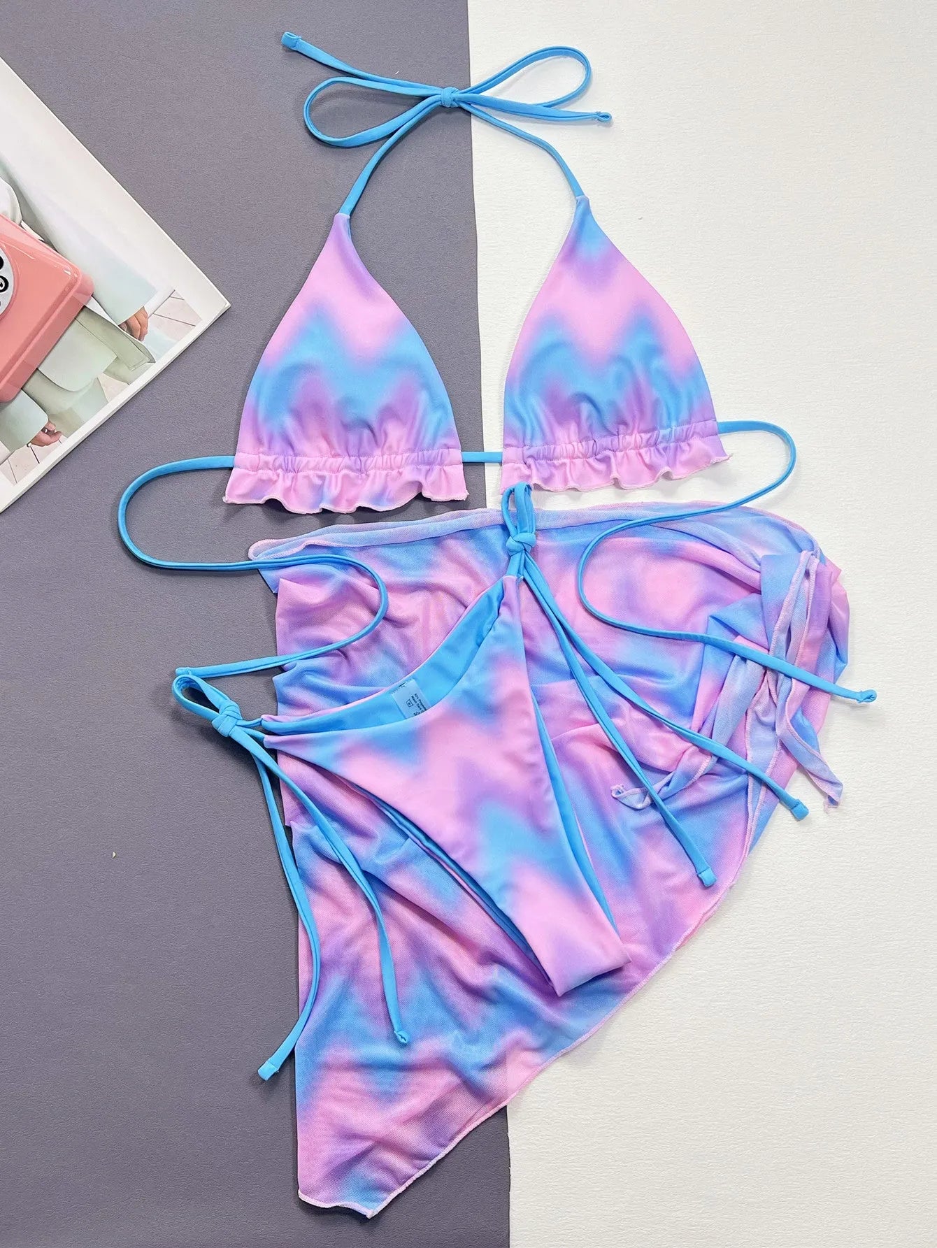 Women's tie-dye bikini swimsuit with removable skirt in pictured colour, showing complete set with bra, panties, and skirt